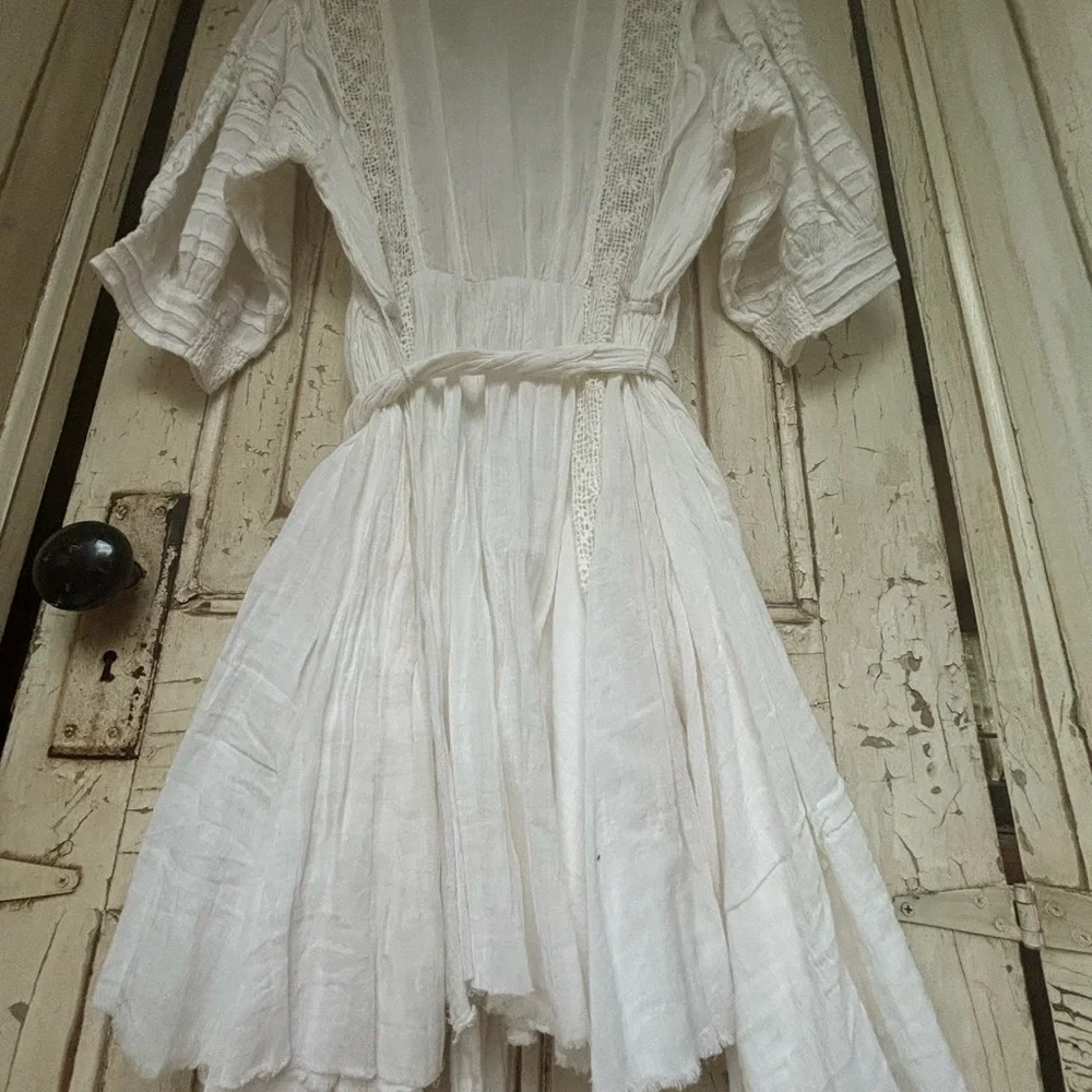 Free People White Lace boho  Dress size large belted waist - Picture 4 of 11